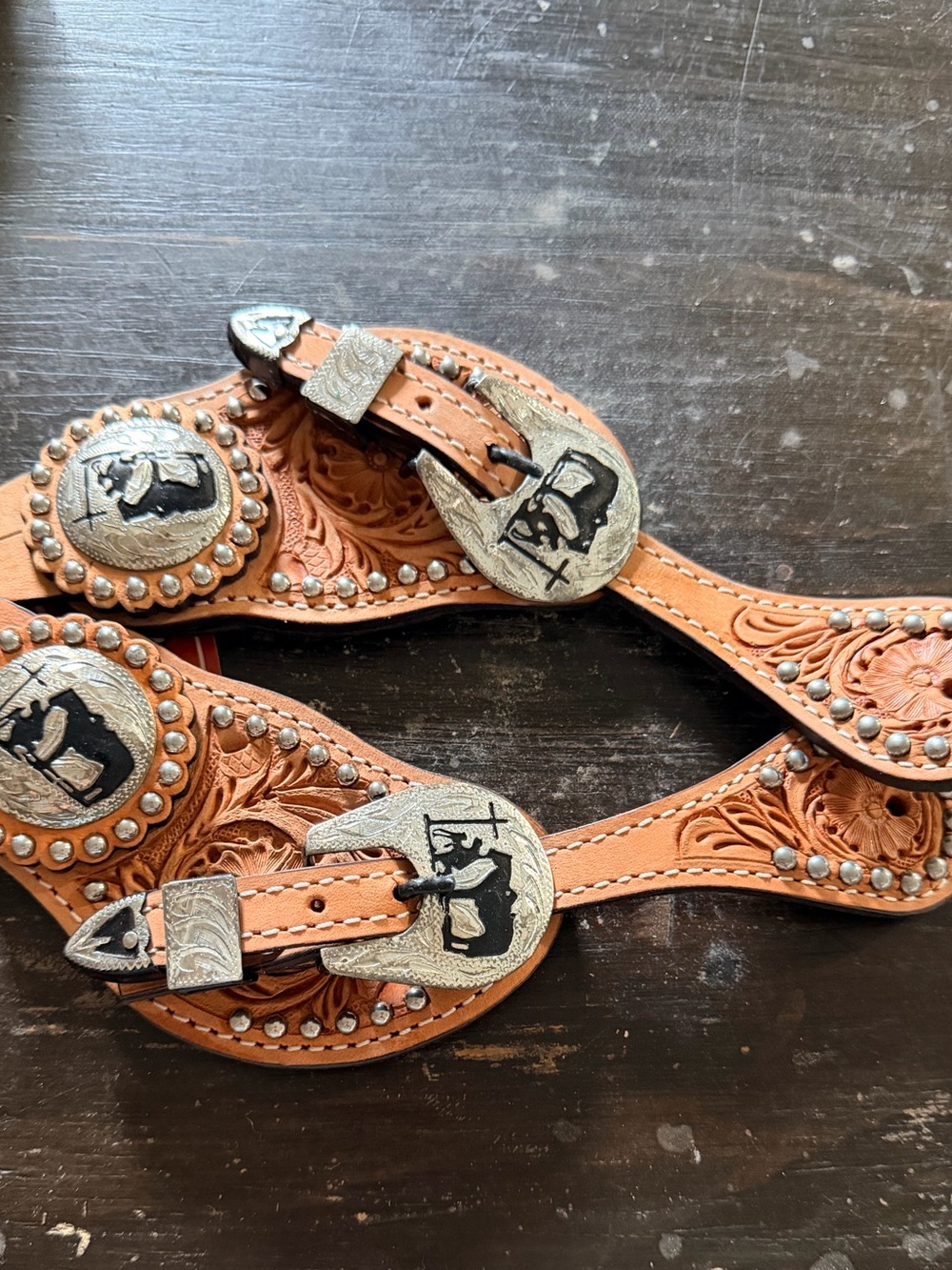 Medium tooled leather western spur straps decorative Praying Cowboy design